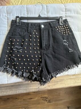 SHEIN Black Studded Distressed Frayed Denim Shorts